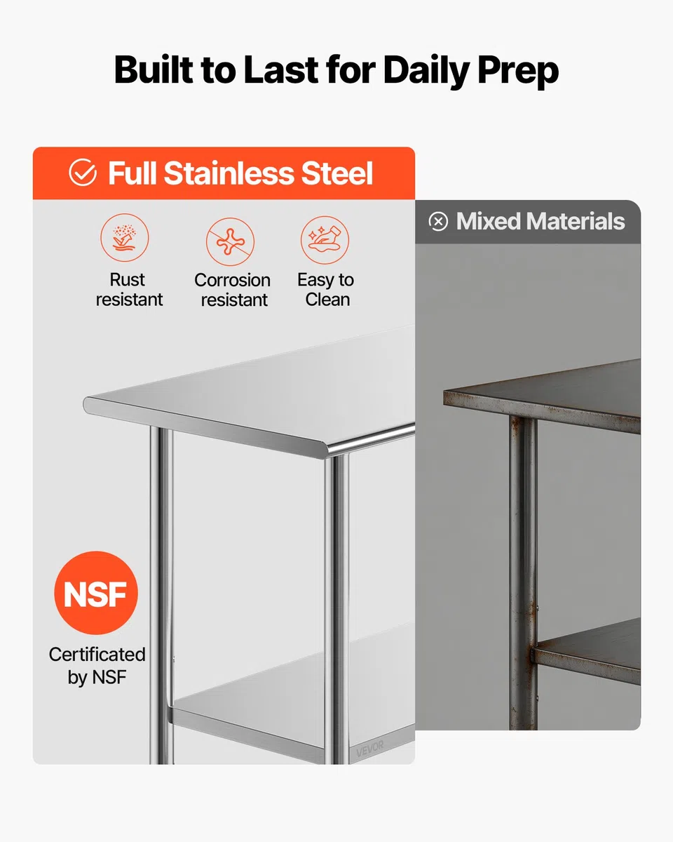 VEVOR Edelstahltisch Gastro 1220 x 610 x 864 mm, Verstellbarer Edelstahltisch mit Rollen Gewerblicher Arbeitstisch mit Grundboden für Restaurant Schwerlast Obere Ablage (245 kg) Untere Ablage (204 kg)