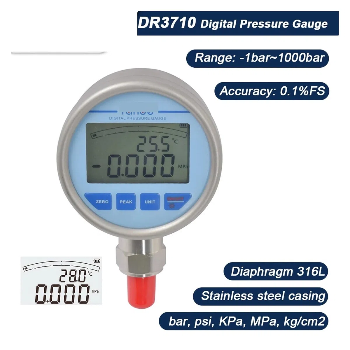 Digitales Manometer aus Edelstahl, NPT 1–8, 80 mm Membran-Manometer mit Hintergrundbeleuchtung(0-1.6Mpa)