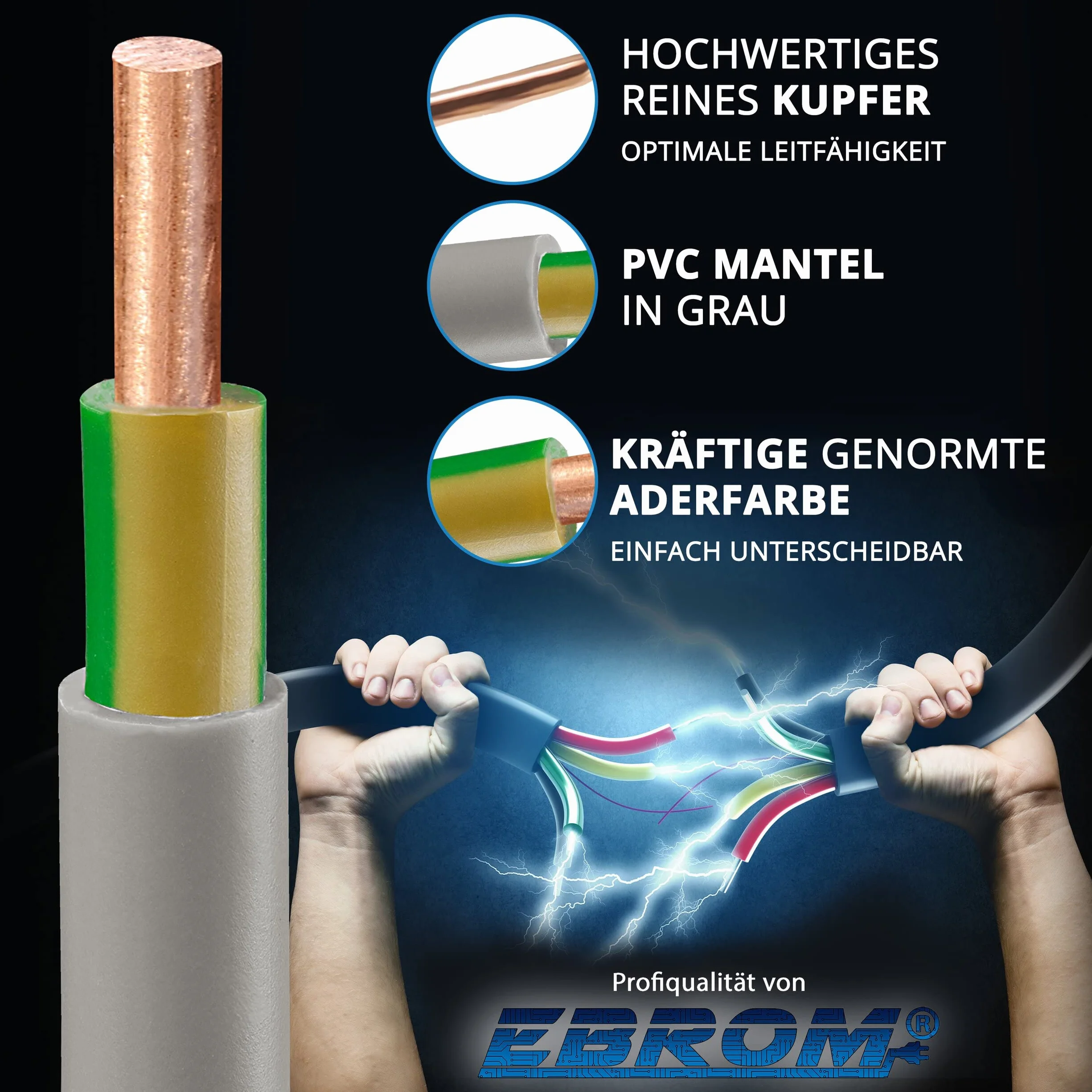 EBROM NYM-J 1x10 mm² Mantelleitung, Erdungskabel in grau 10 mm2: 10 Meter | Ab 5 m bis 150 m - Erdungsleitung Installationsleitung Feuchtraumkabel für die feste Verlegung in trockenen + feuchten Räumen