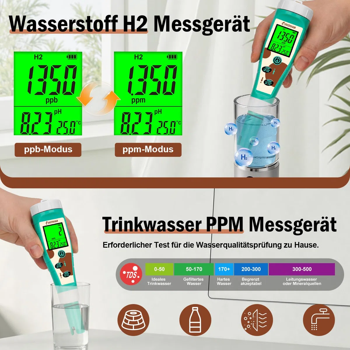UIUZMAR Pool pH Chlor Salzgehalt Messgerät, Wasserstoff PPM ORP Messgerät | 8-in-1 Trinkwasser Wassertester mit gleichzeitiger Anzeige von pH Salz Chlor H2 ORP EC TDS Temp für Hydrokultur, Spas