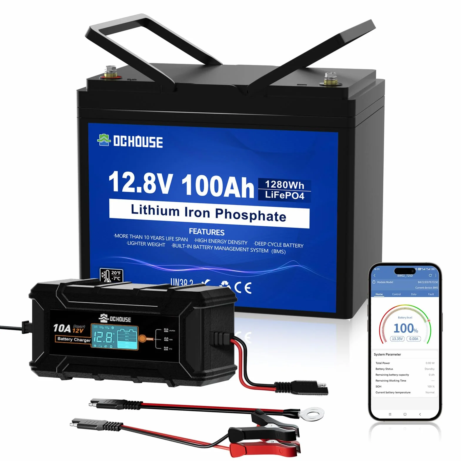 DCHOUSE 12V 100Ah LiFePO4 Lithium Batterie mit 10A Ladegerät, bis zu 15000 Deep Cycles für Schleppermotoren, Wohnmobile, Energiespeicher, Camper, Off-Grid