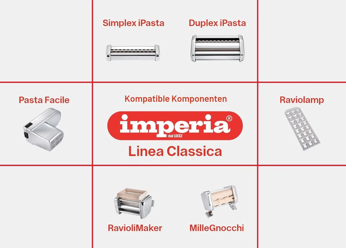 Imperia Electric Linie Classica. Elektrische Nudelmaschine. 100% Made in Italy. Frischpastamaschine aus Stahl mit 220v Elektromotor. Elektrische Teigmaschine für Lasagne, Tagliolini, Fettuccine.