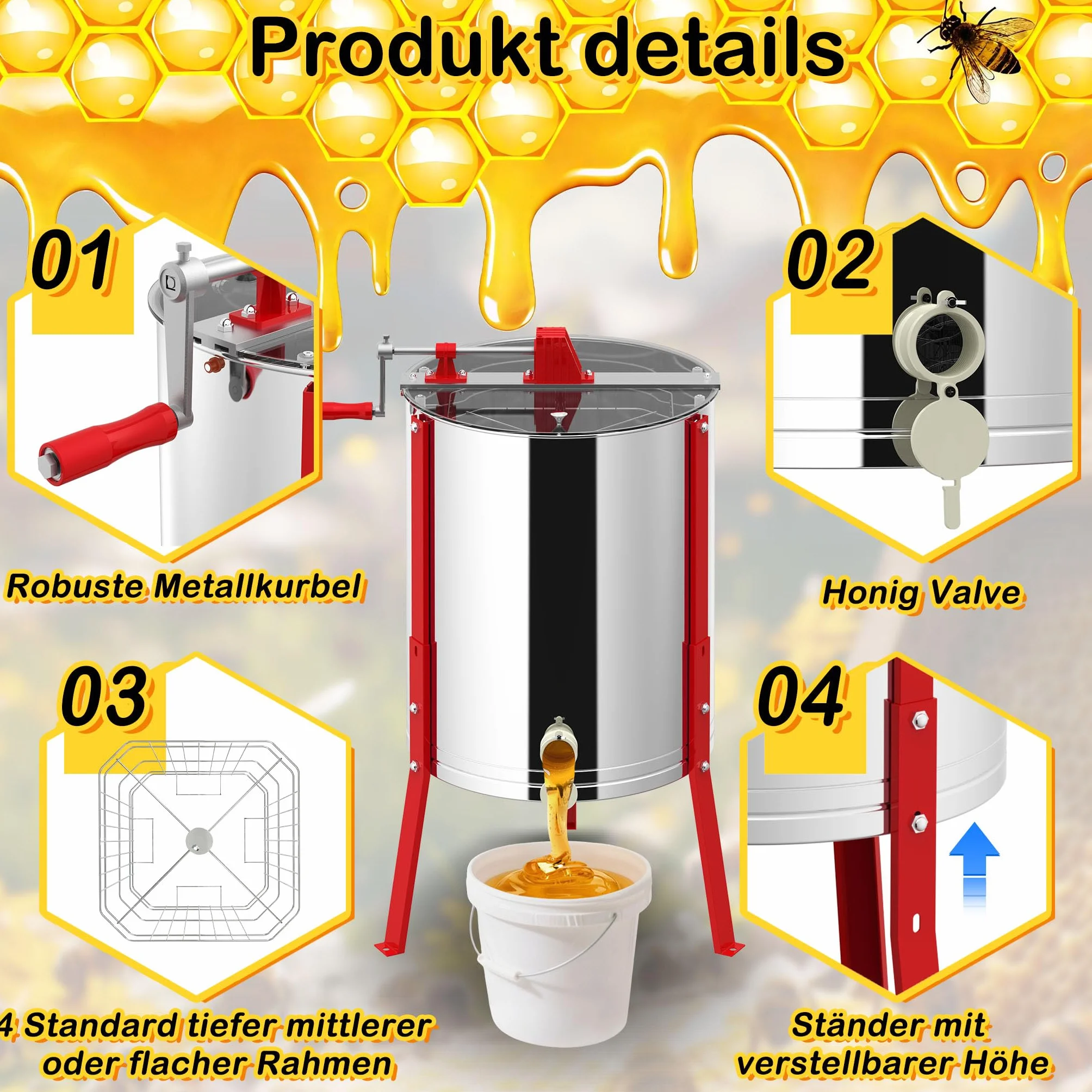 YRHome Premium Honigschleuder Diagonalschleuder Manuell Tangentialschleuder Edelstahl für 4 Rähmchen Honigextractor mit Deckel 10 cm Höhenverstellung mkerei Bienenzüchter Zubehör