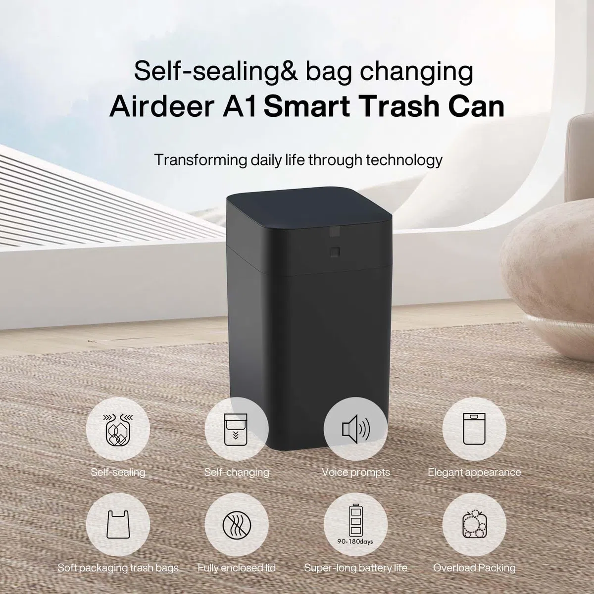 Airdeer Automatischer Mülleimer, selbstdichtender und selbstwechselnder intelligenter Mülleimer (A1, schwarz)