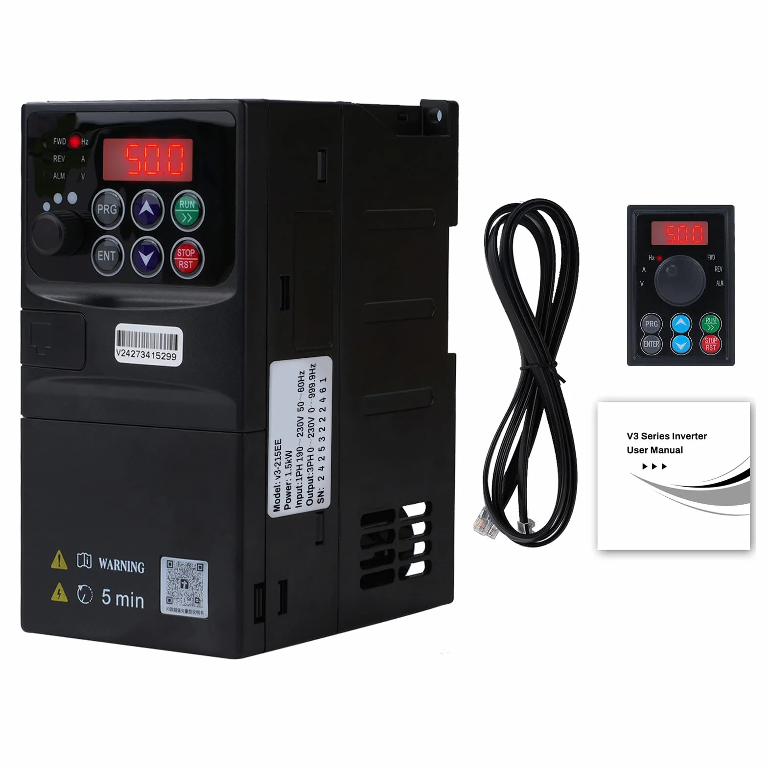 1.5KW Frequenzumrichter 230V Einphasiger 220V-Eingang Dreiphasiger 220V-Ausgang VFD Frequenzumrichter CNC Frequenzumrichter Abnehmbare Schalttafel Modell V3-215EE (mit 1.5m Verlängerungskabel)