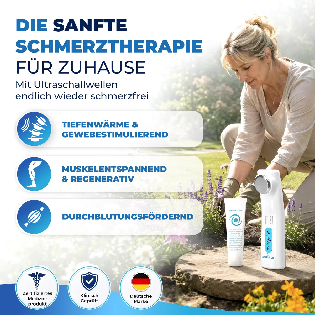 Ultraschallgerät für Zuhause - Zertifiziertes Medizinprodukt Klasse IIa - Ultraschallgerät Schmerztherapie bei Arthrose, Muskel- & Gelenkschmerzen - 1 MHz, inkl. 150ml Ultraschallgel