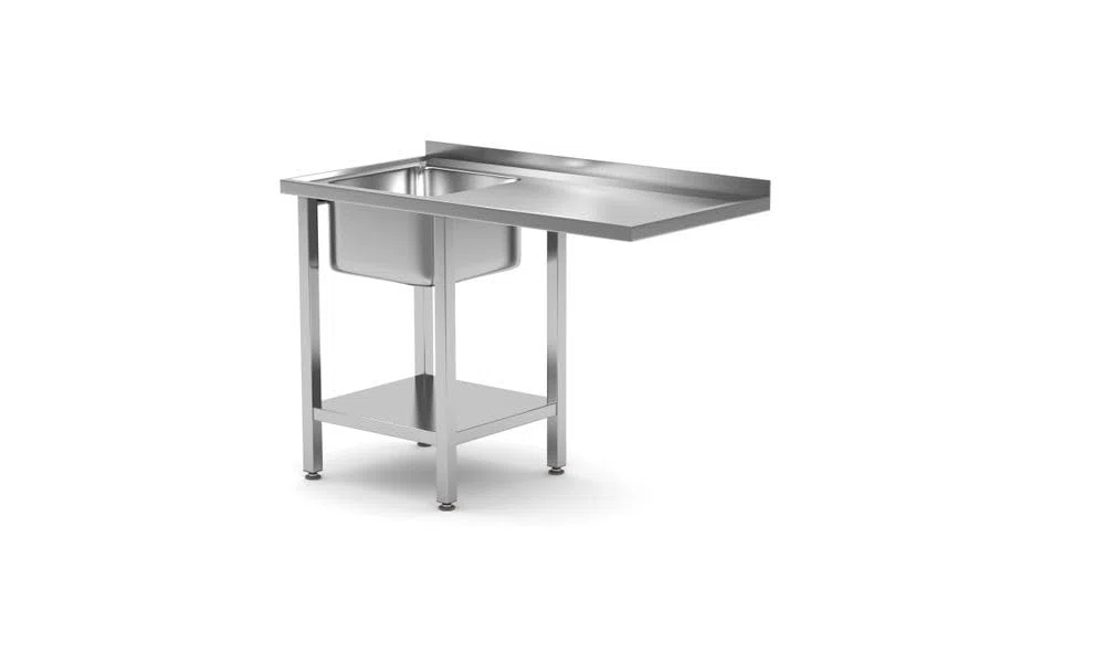 HENDI Tisch mit Spüle, Zulauftisch, ablageboden und platz für Geschirrspüler, integrierte Spüle (AISI 304) misst: 400x400x250mm, links, verstellbaren Füßen, 1200x700x(H)850mm, Edelstahl