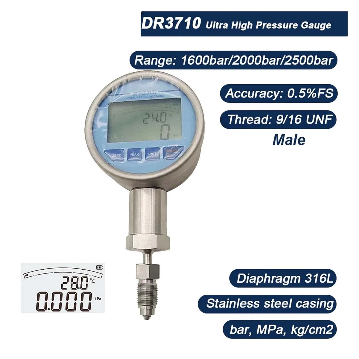 Digitales Manometer, 1600/2000 bar Manometer Edelstahl-Kragenverschraubungssatz 9/16 Zoll Pipeline-Messwerkzeuge(1600bar)