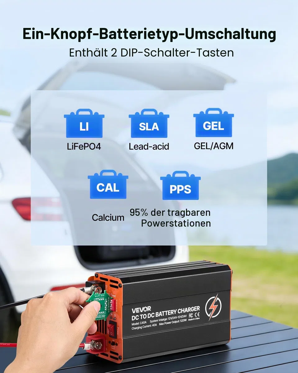 VEVOR DC-DC Ladebooster 40 A 520 W, Ladegerät für Lichtmaschine 12 V / 24 V-12 V / 24 V Schnellladung für LiFePO4 AGM Gel Batterien & Powerstations Wohnmobil Caravans Notstromversorgung zu Hause