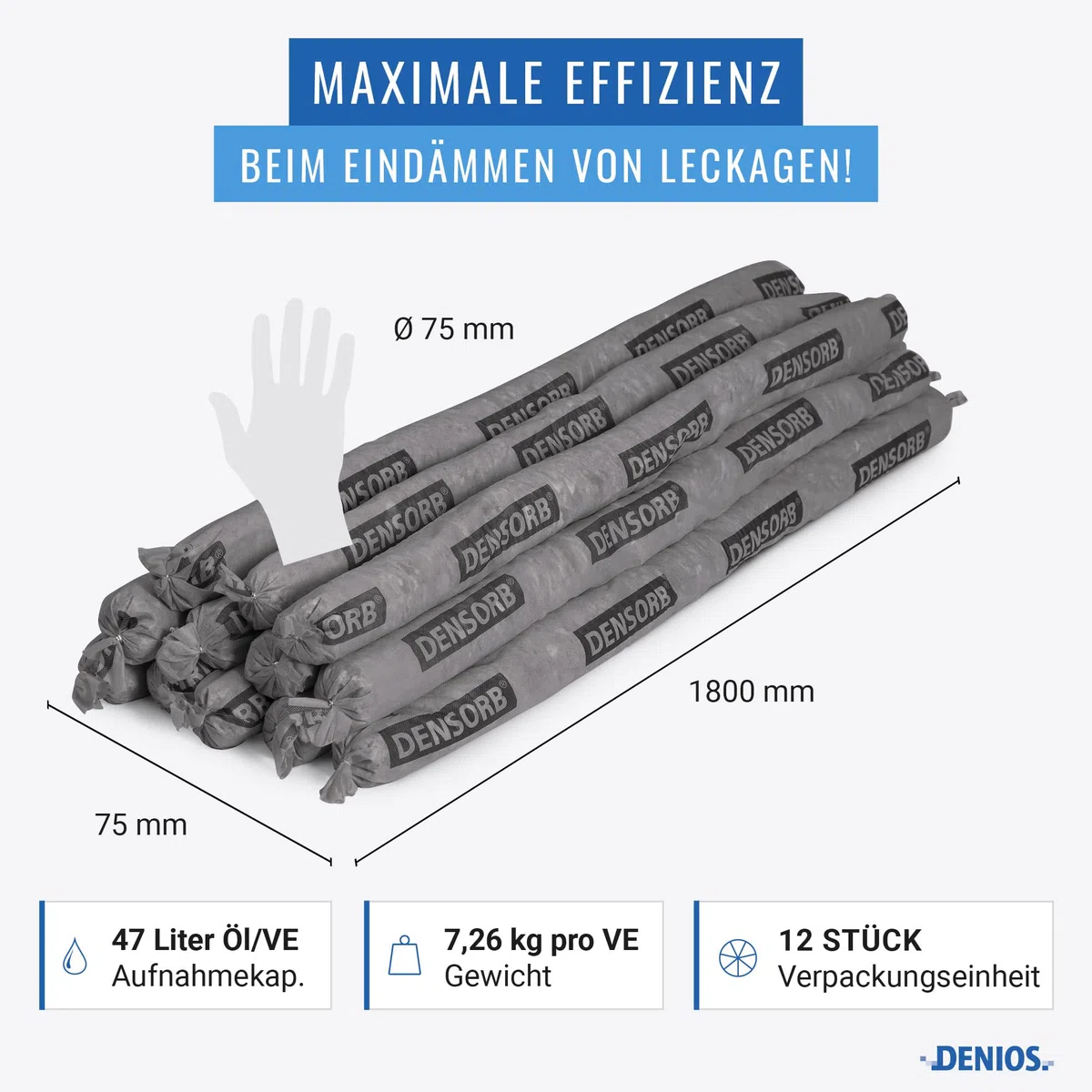 DENSORB Universalbindemittel Aufsaug-Schlangen zum Eindämmen von Leckagen, Länge 1,8 m, 12 Stück