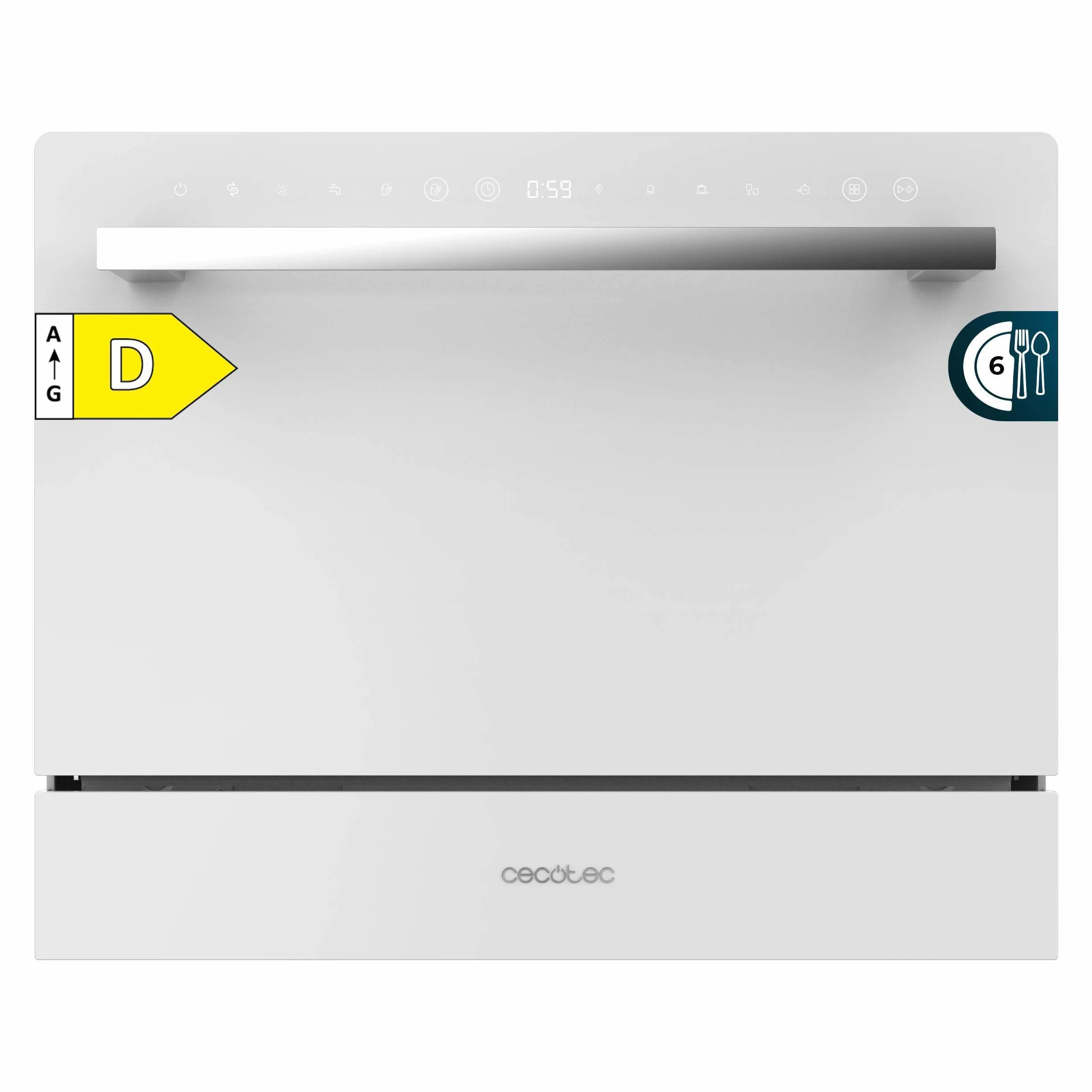 Cecotec Kompakt-Geschirrspüler für 6 Gedecke Bolero Aguazero 2400 White Glass. 1380W, Weißglas-Finish, 5 Programme, Touch-Bedienfeld, programmierbar bis zu 24 Stunden, Kindersicherung und Besteckkorb