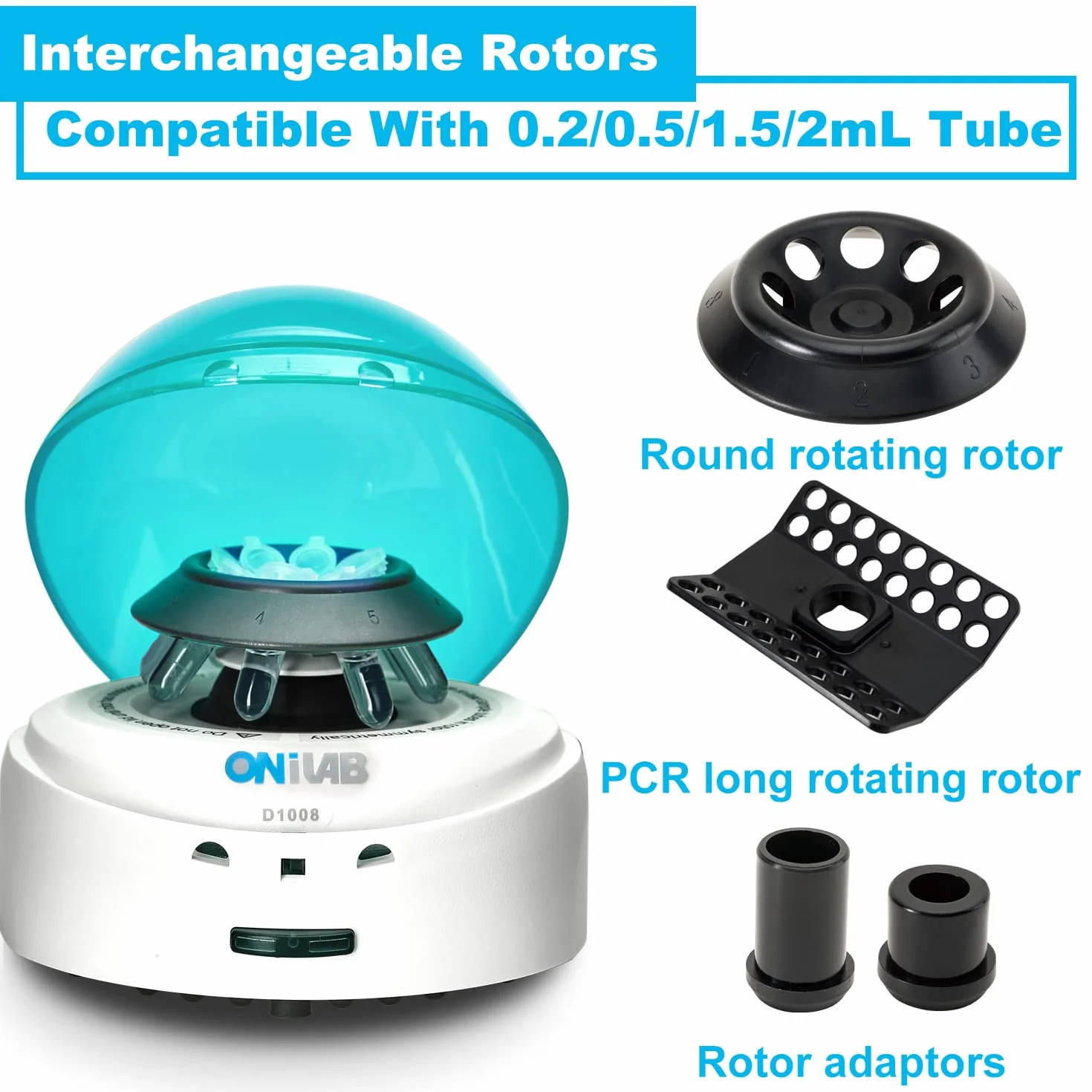 ONiLAB 's Scientific Mini Zentrifuge 7000RPM, 2680 x g RCF, Laborzentrifuge mit 2 Rotoren für 8 x 0,2/0,5/1,5/2,0 ml und 0,2 ml x 32 PCR Streifen, geräuscharm, ≤ 45 dB, 10-240 V, grüner Deckel