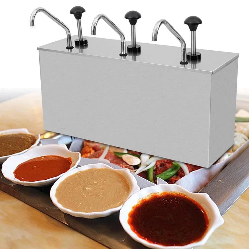 3x4 Liter Edelstahl Pump Saucenspender Soßenpumpenspender, Edelstahl Soßenspender Ketchup Spender Senf Behälter, Salatdressings Mayonaise Sauciere Dispenser, für Küchen, Hotel, Restaurant