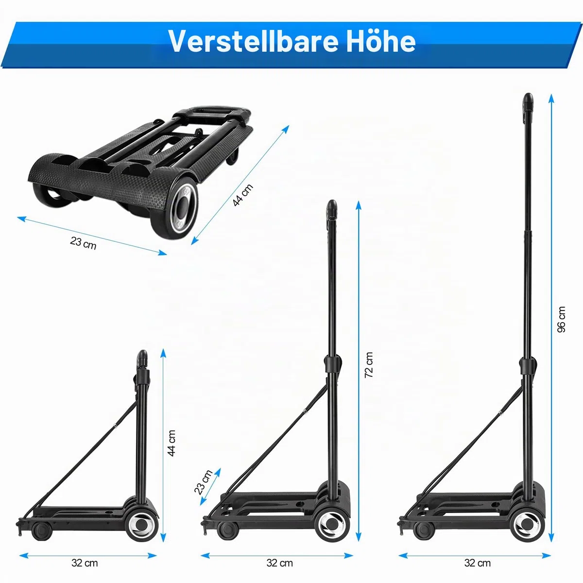 Plattformwagen Sackkarre Klappbar, 50KG Faltbarer Handkarre Kompakt mit Rädern, Mini Transportkarren Handwagen mit Teleskopgriff für Zuhause Büro Einkaufen Reisen