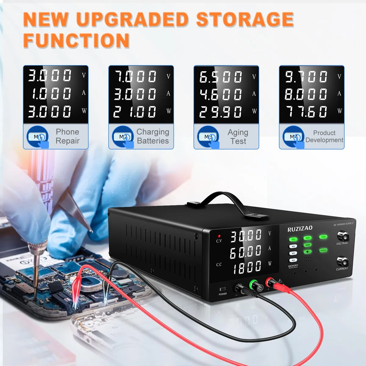 Labornetzteil, 0-30V 0-60A 1800W Hochleistungs-Labornetzgerät, DC Regelbar Netzgerät mit Ausgangsschalter, OCP und OVP, Memory-Funktion, Encoderregelung, 4-stellige LED-Anzeige, Lockout-Taste