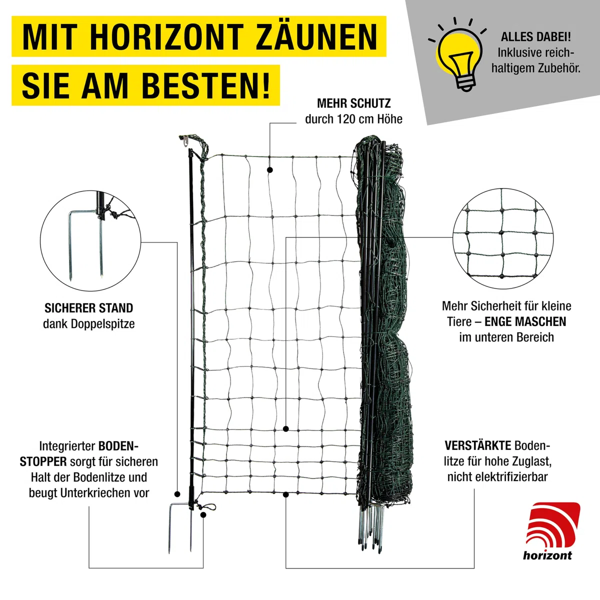 horizont Hühnerzaun strongLine 50m lang 120cm hoch - 15 Fiberglaspfähle mit Doppelspitze - Geflügelnetz ohne Strom, mobiler Geflügelzaun, Gartenzaun