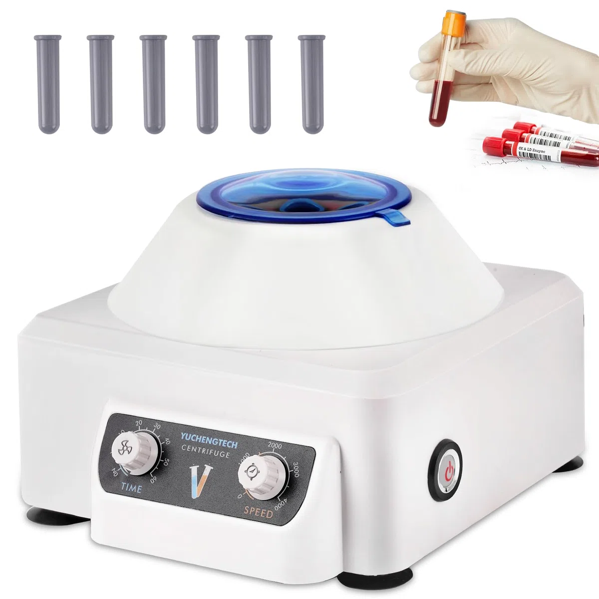 YUCHENGTECH Zentrifuge 6X10ml Labor Zentrifuge Elektrische Tischzentrifuge 4000 U/min 0-60 Min Timing 1685XG für 5/7/10ml Zentrifugenröhrchen,23x26x17cm 1.7kg,Einstellknopf, Geräuscharm