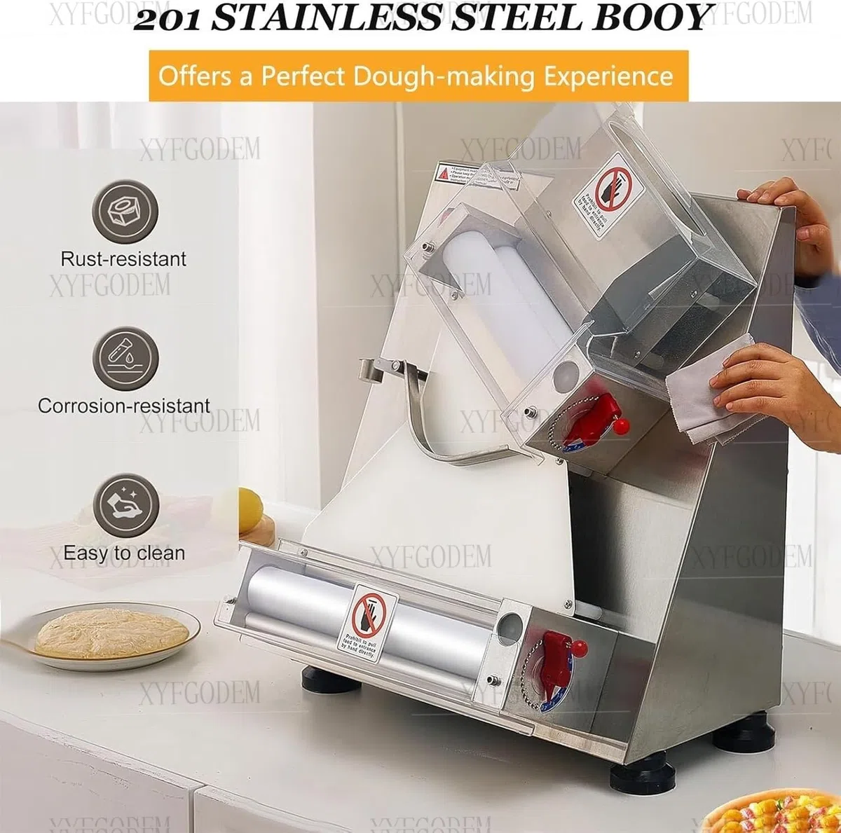Automatische Pizzateigmaschine, Edelstahl, 370 W, verstellbare Dicke, ideal für Nudeln, Brot und Nudeln, 30 cm