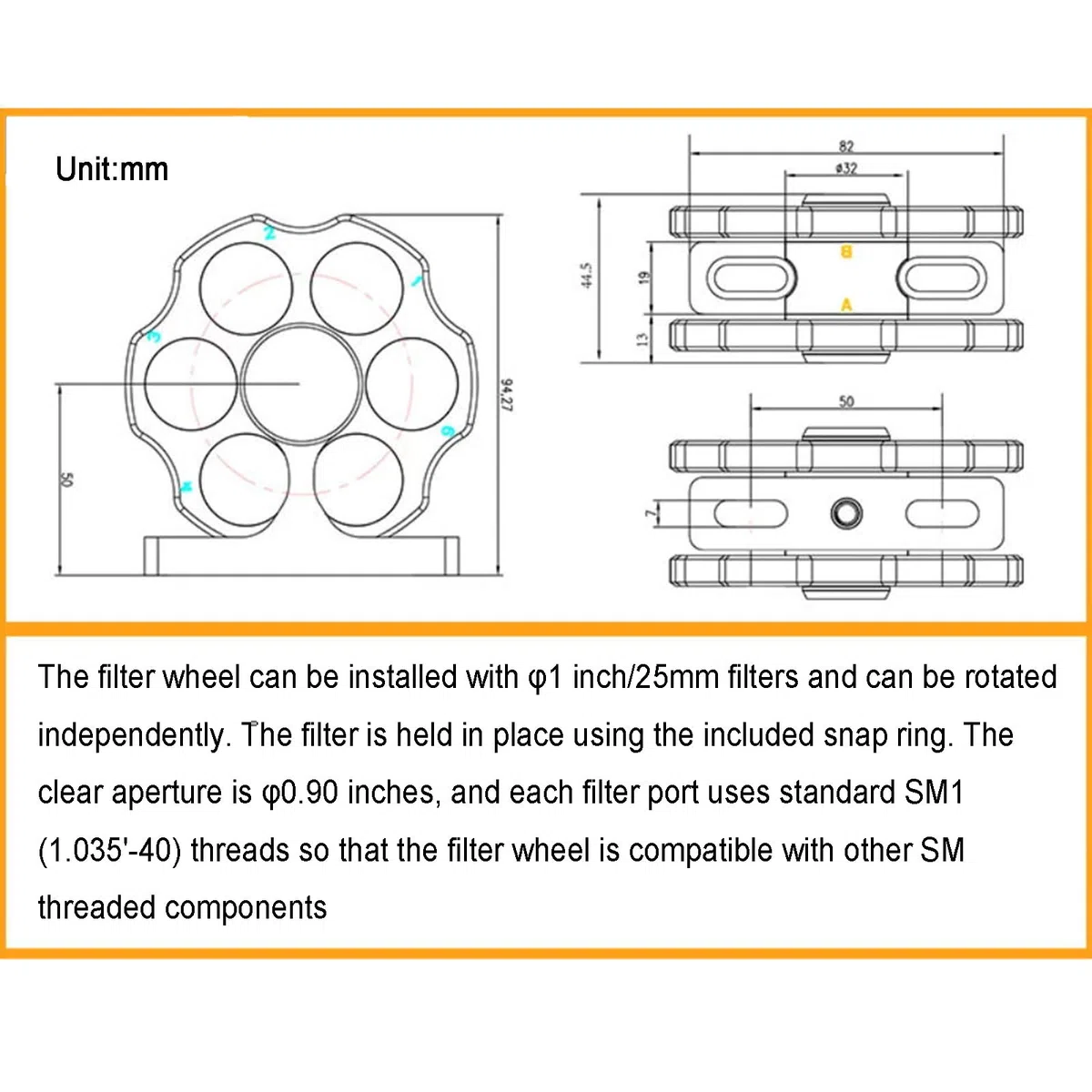 2,5 cm Koaxial-Filterradhalterung mit 6 Positionen und SM1-Gewindelöchern, drehbare optische Laborausrüstung für Forschungsanwendungen