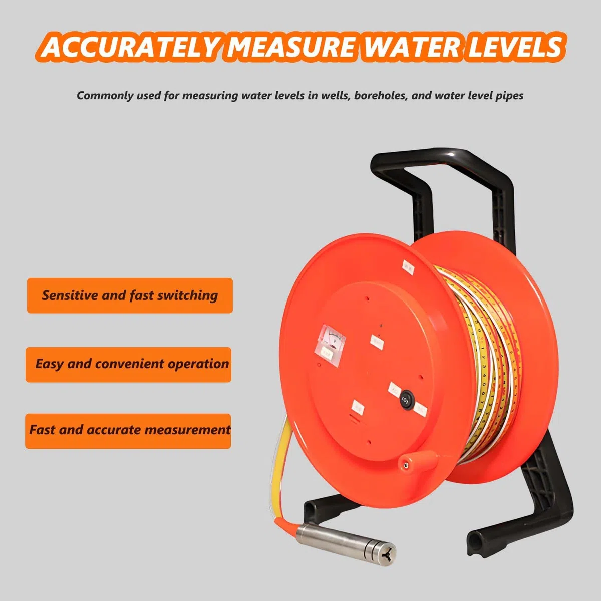 Wasserstandsmesser für Tiefenmesser, 10–300 m, Stahllineal, elektrischer Wasserstandsmesser mit Sonde und Stahlband, Grundwasserstandsmessgerät 20m(65.6ft)