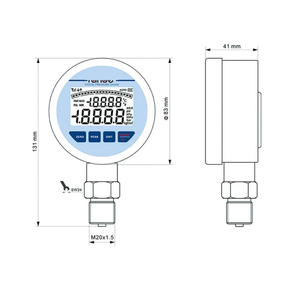 Digitales Manometer aus Edelstahl, NPT 1–8, 80 mm Membran-Manometer mit Hintergrundbeleuchtung(0-1.6Mpa)