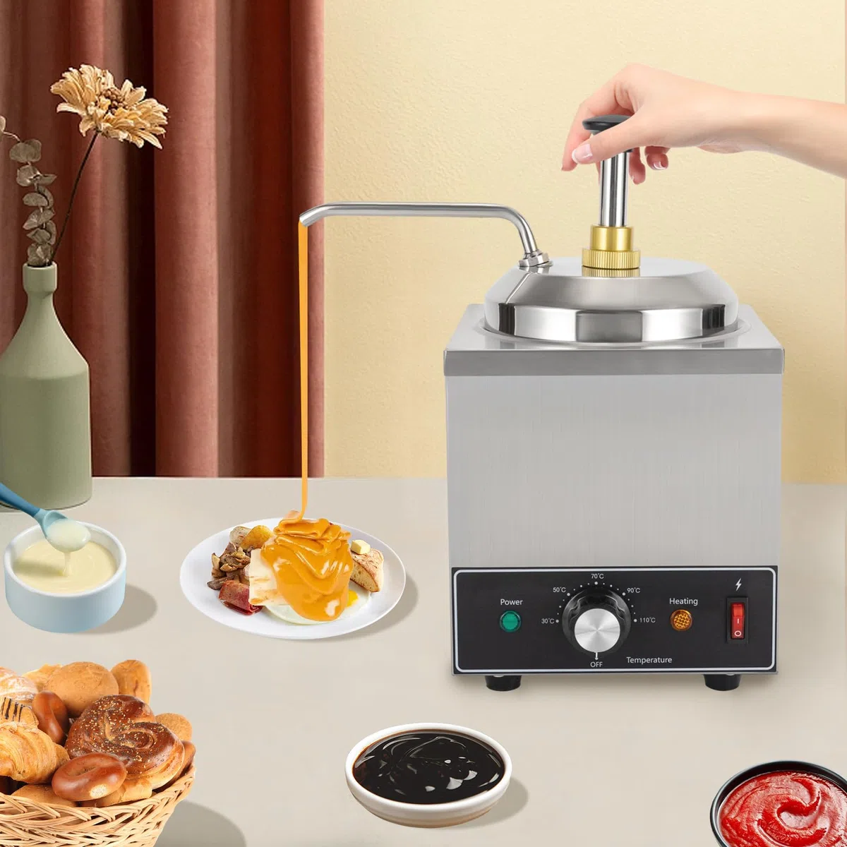 Edelstahl Saucenspender, 2 Liter Elektrisch Soßenspender Pumpe mit Einstellbare Temperatur, 650W Schokoladenspender Gewürzspender für Buffet Restaurant Catering