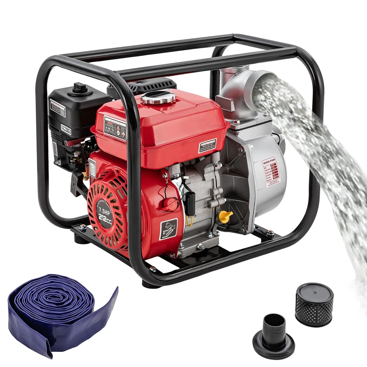 7.5PS Benzin-Wasserpumpe Gartenpumpe,35000l/h und 30m Förderhöhe&8m Ansaughöhe, 3 Zoll Anschluss,Schmutzwasserpumpe mit 4-Takt-Motor,Seilzugstart, Metallfuß, inkl.7.5m Wasserleitung,Saugkorb
