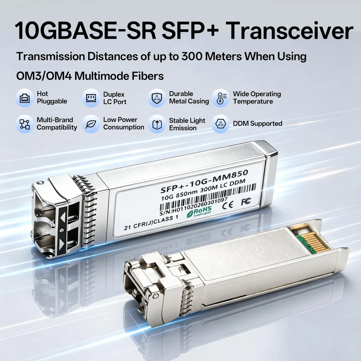 10Gb SFP+ SR Multimode Modul, 10GBase-SR LC Transceiver mit Maxim Chip, 850nm, bis zu 300m, Kompatibel für Cisco SFP-10GSR,Meraki, Mikrotik S+85DLC03D, Ubiquiti UniFi, Netgear, Zyxel, D-Link, TP-Link