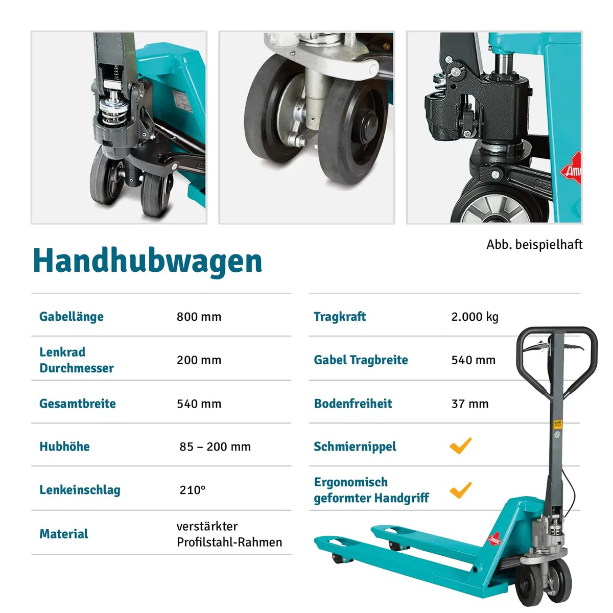Ameise Hubwagen PTM kurz | 2.000 kg Tragkraft | 800 mm Gabellänge | Lenkrad/Gabelrolle aus robustem Polyurethan | Tandem-Gabelrollen | Palettenhubwagen