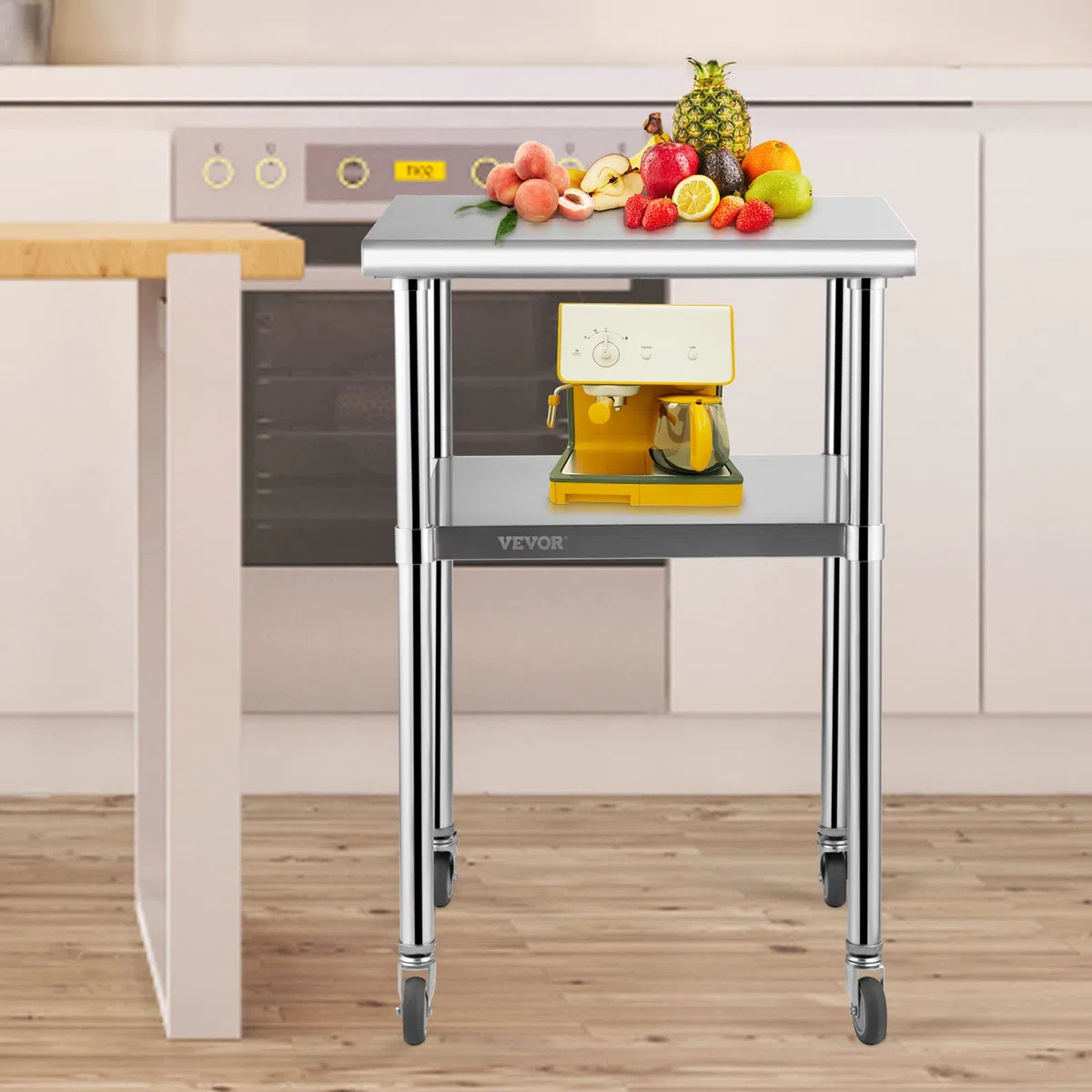 VEVOR Kommerzieller Edelstahltisch 61 x 61 x 91,4 cm, Rollbarer Zweilagiger Arbeitstisch Zerlegetisch Gastro 181,4 kg + 91 kg Tragfähigkeit, Gewerbe Küchentisch, Zubereitungstisch Küchenmöbel
