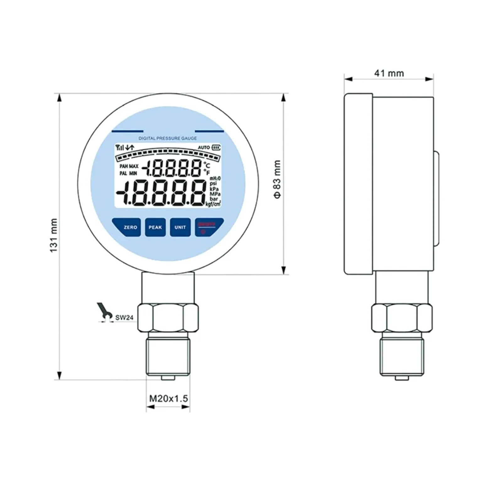 Digitales hydraulisches Manometer, mit Temperatur-Membran-Manometer G1/2 LCD-Edelstahl-Wassermanometer(0-100KPa)