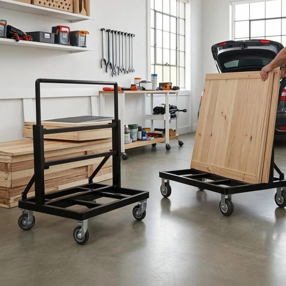Faltbarer Transportwagen Glaswagen Plattenwagen Plattformwagen aus Stahl Klappbares Untergestell Hoher Schubgriff 8-Zoll-schwenkrollen mit Bremse