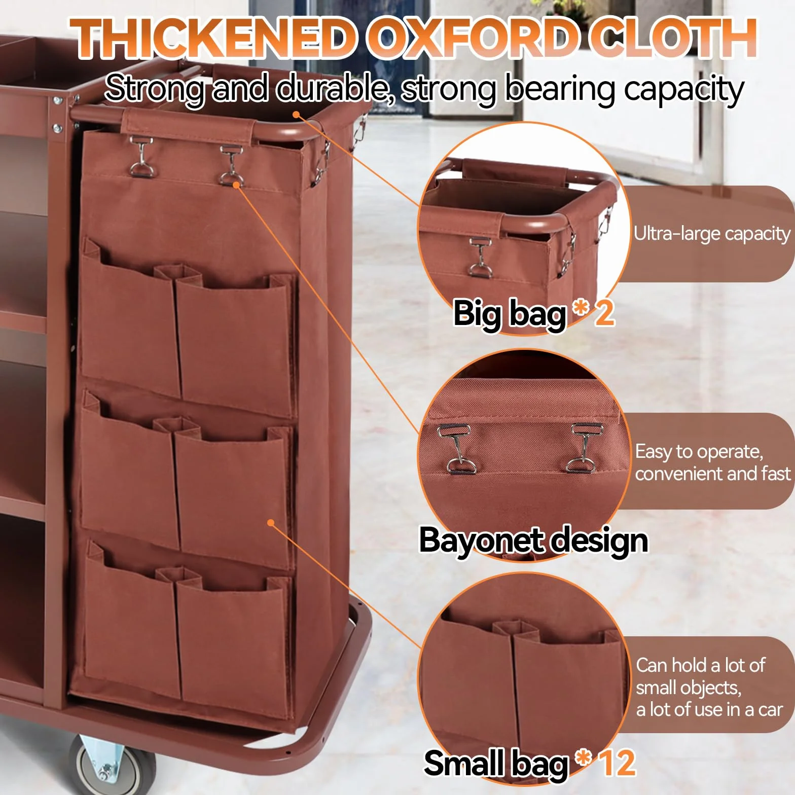 EBANKU Multifunktionaler Hotelwagen, Gewerblicher Reinigungswagen & Housekeeping-Trolley mit Großraumtasche und Rädern