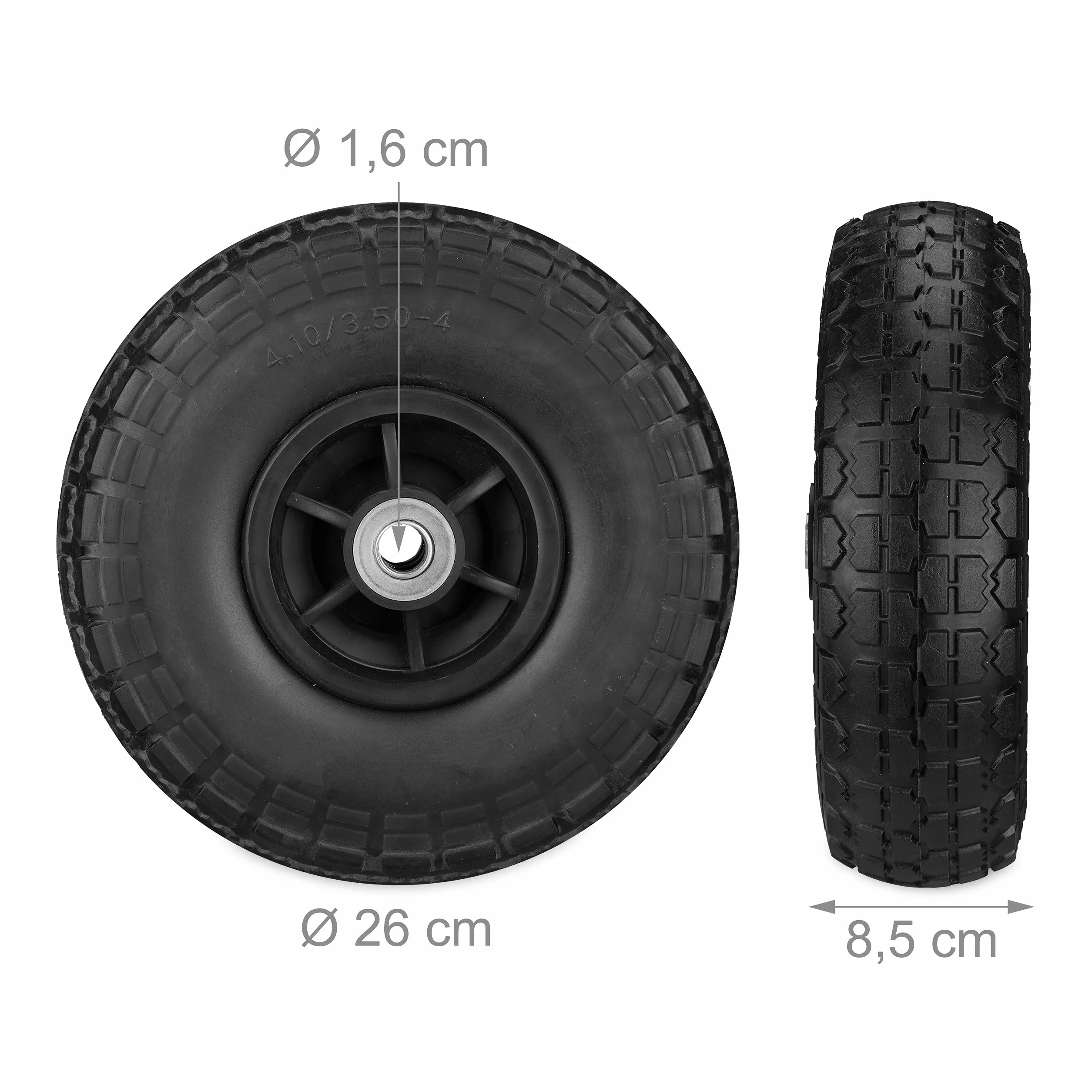 Relaxdays 2X Sackkarrenrad, pannensichere Vollgummireifen, 4.1/3.5-4", 16 mm Achse, bis 150 kg, 260x85 mm, Farbwahl | 4.1/3.5-4", 16 mm Achse, bis 150 kg, 260x85 mm