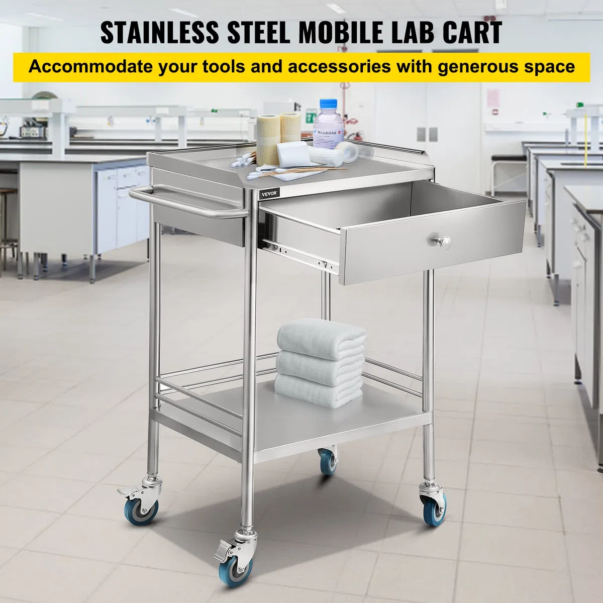 VEVOR 2 Böden mit 1 Schublade Servierwagen Edelstahl Serving Lab Trolley Laborwagen Tragbar Abräumwagen Medical Dental Lab Cart Transpo1 Schublade, Mittel