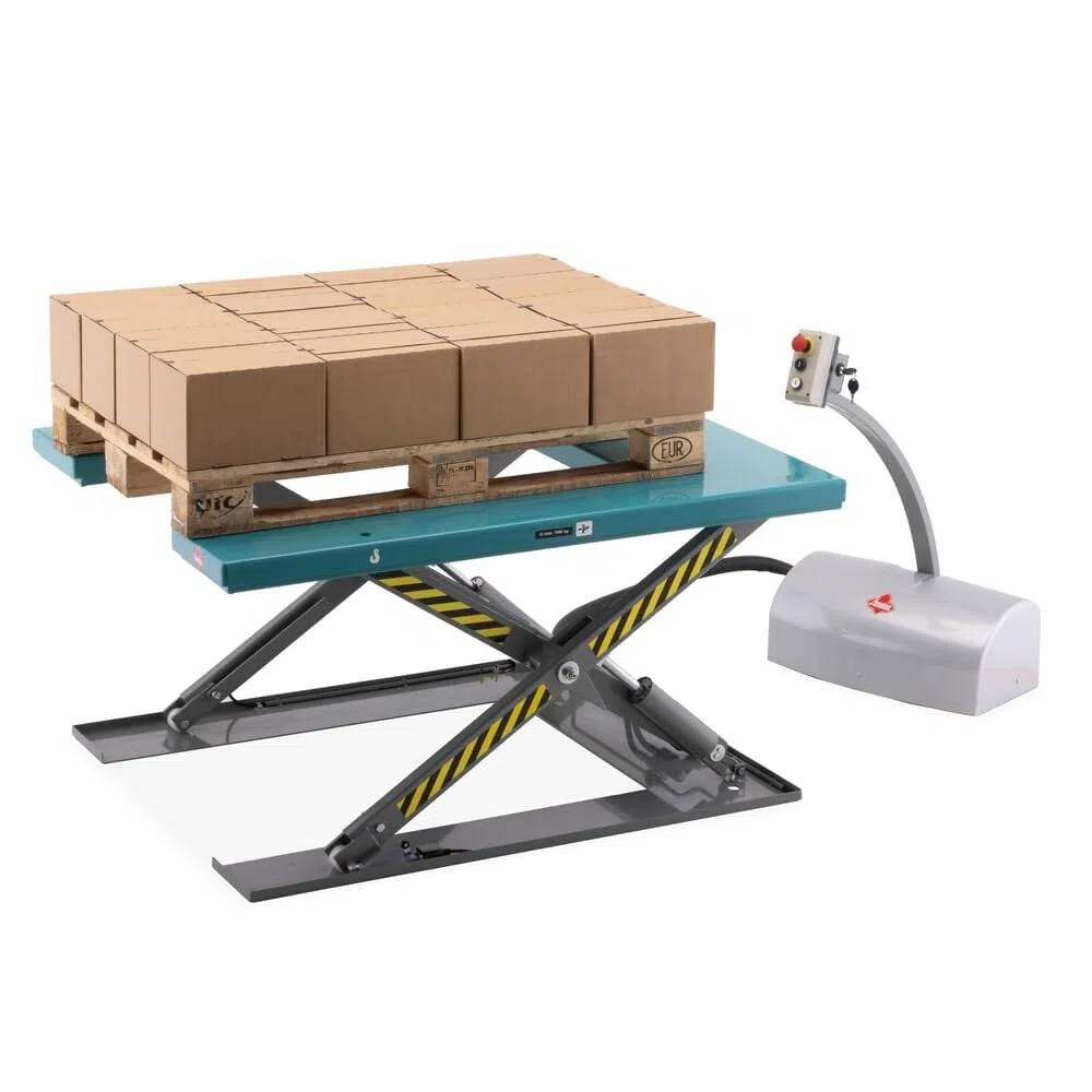 Ameise Elektro-Flach-Scheren-Hubtisch SLT mit Einfach-Schere | 1.000 kg Tragkraft | 80-840 mm Hubbereich | ergonomische und individuelle Greifhöhe | 1.450 x 1.140 mm U-förmige Plattform | Stahl
