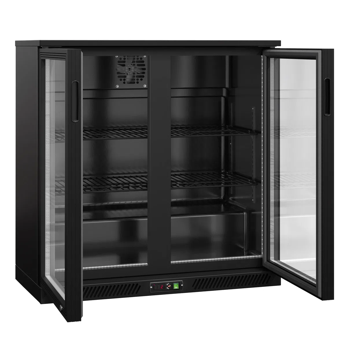 GGM Gastro | BKTLG220S | Barkühlschrank - 900mm - 220 Liter - mit 2 Glasflügeltüren - Außen & Innen Schwarz