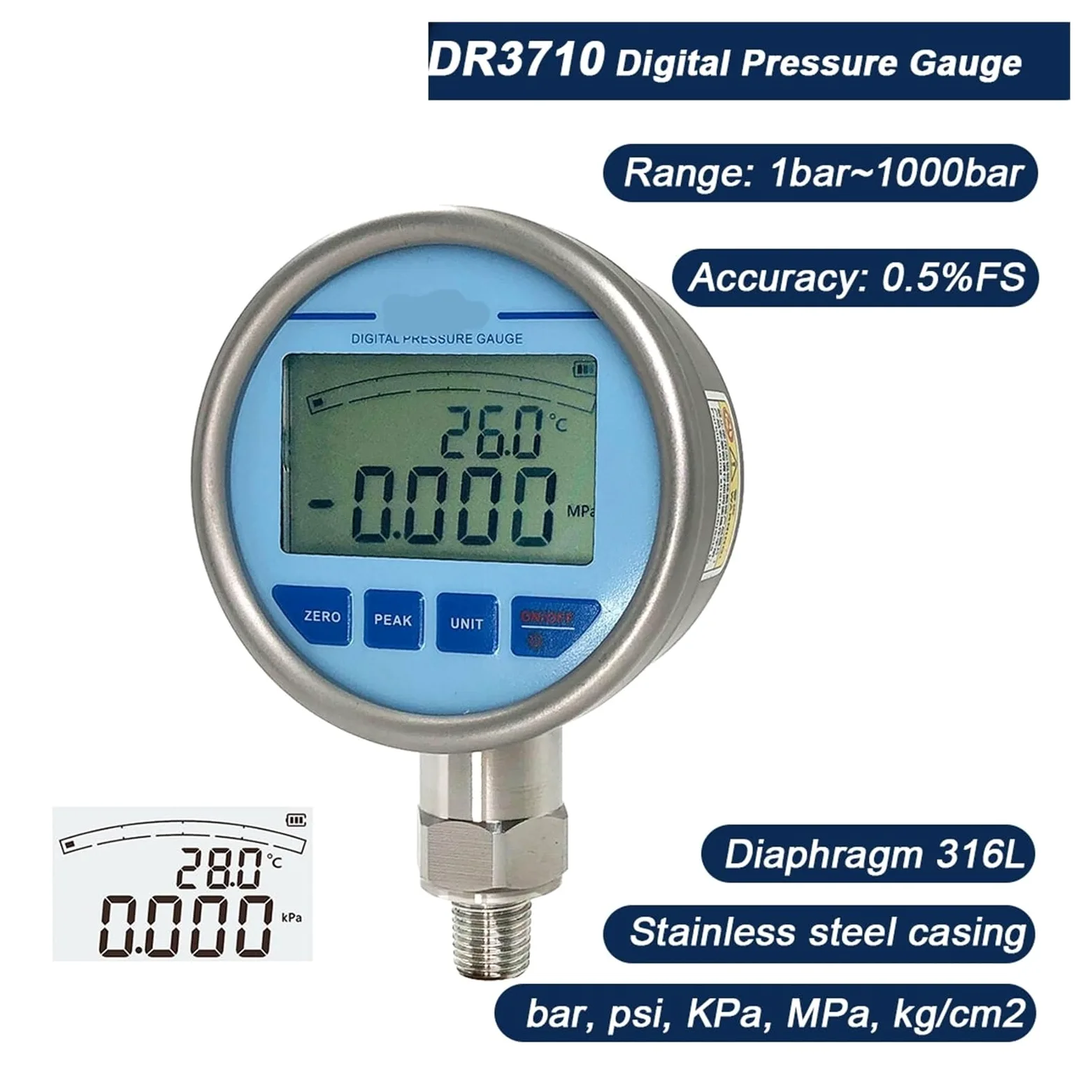 Digitales hydraulisches Manometer, mit Temperatur-Membran-Manometer G1/2 LCD-Edelstahl-Wassermanometer(0-100KPa)