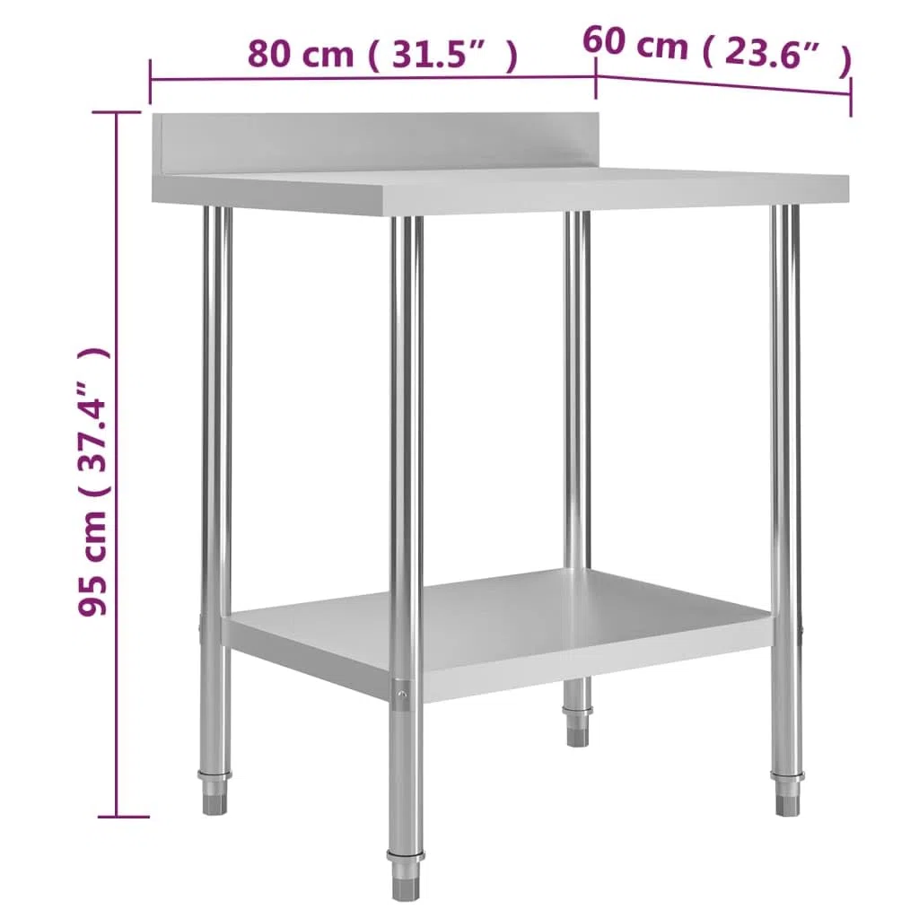vidaXL Küche Arbeitstisch mit Aufkantung Verstellbare Füße Gastronomie Gastro Edelstahltisch Küchentisch Zerlegetisch Tisch 80x60x93cm Edelstahl
