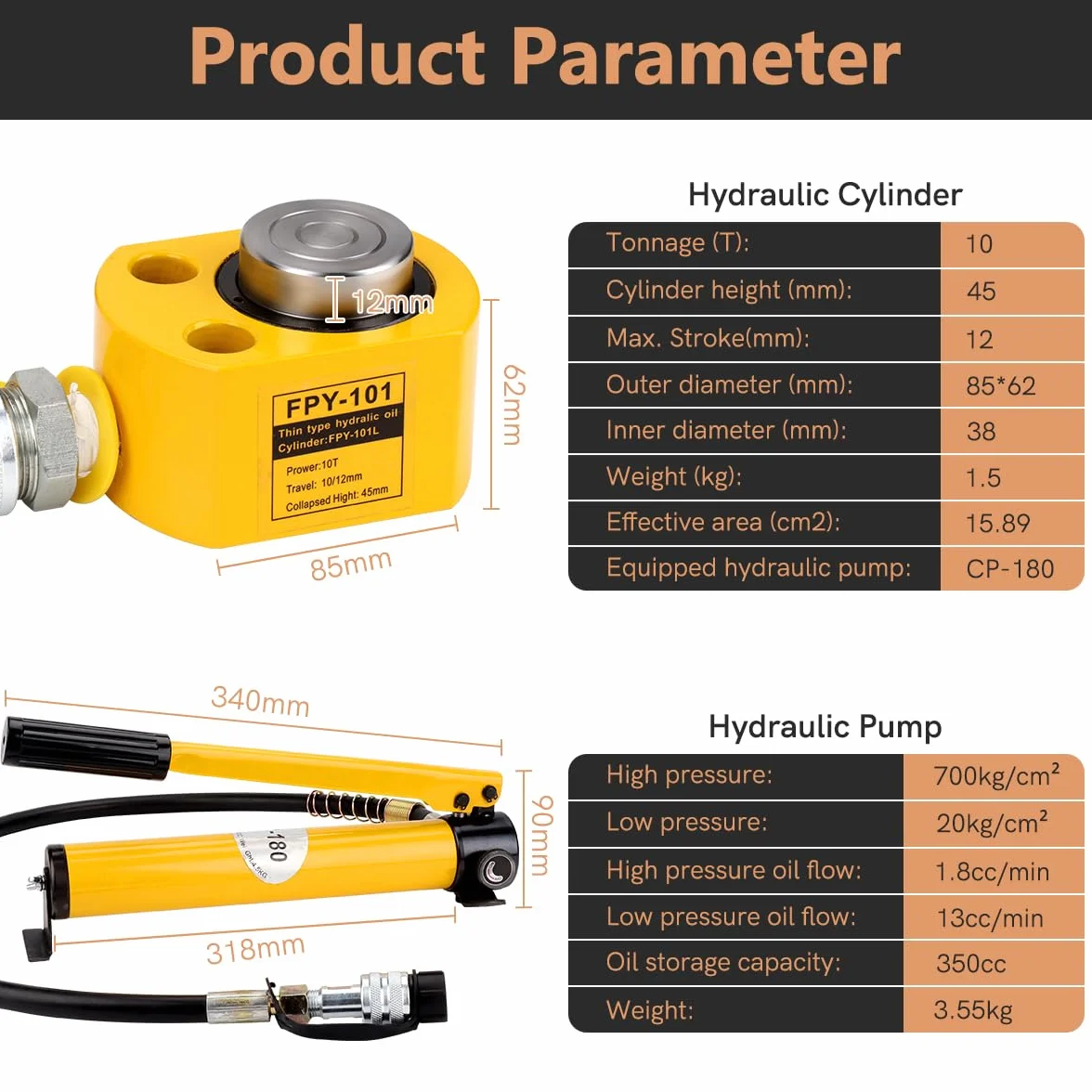 Fulgutonit Hydraulikzylinder 10T mit Hydraulikpumpe CP-180, 12mm Hub, 45mm Eigenhöhe, 15.89cm² Nutzfläche, Ölspeicherkapazität 350cc Handpumpe, Ultradünner, für Gebäude und Brücken, Maschinenbau