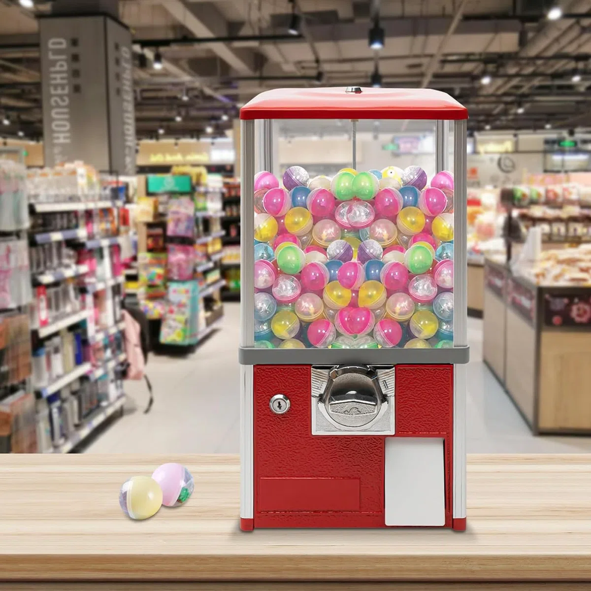 Verkaufsautomaten für Unternehmen, kommerzieller Kaugummiautomat für Süßigkeiten, Kapselautomat mit Schlössern für Kapselspielzeug mit 4,5–5,5 cm Durchmesser für Zuhause, Spieleläden,Red