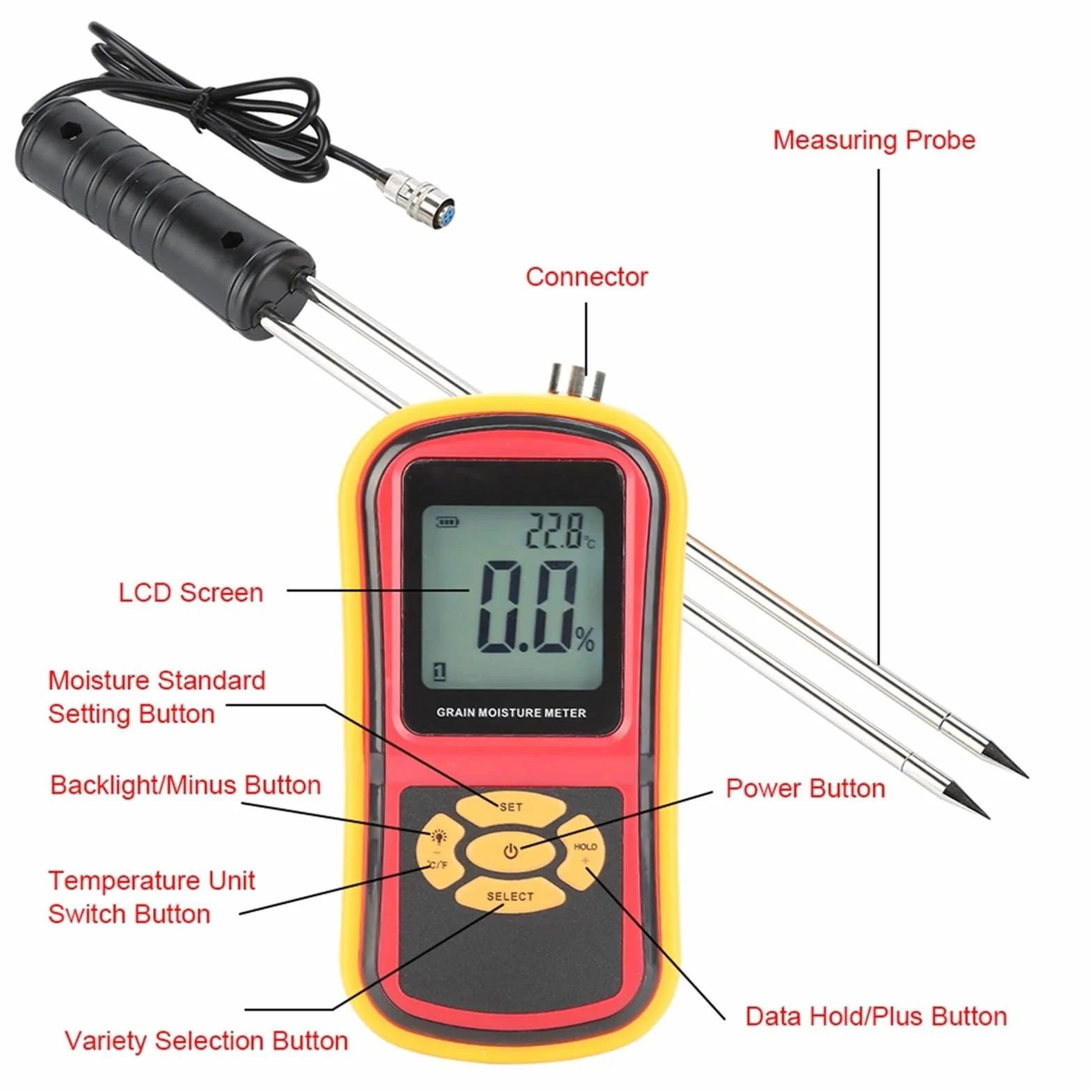 Feuchtigkeitsmessgerät, Tragbares digitales LCD-Feuchtigkeits- und Temperaturmessgerät for Getreide, Weizen, Reis, Mais Bohnen, LCD-Feuchtigkeitsmessgerät, Feuchtigkeitsmessgerät