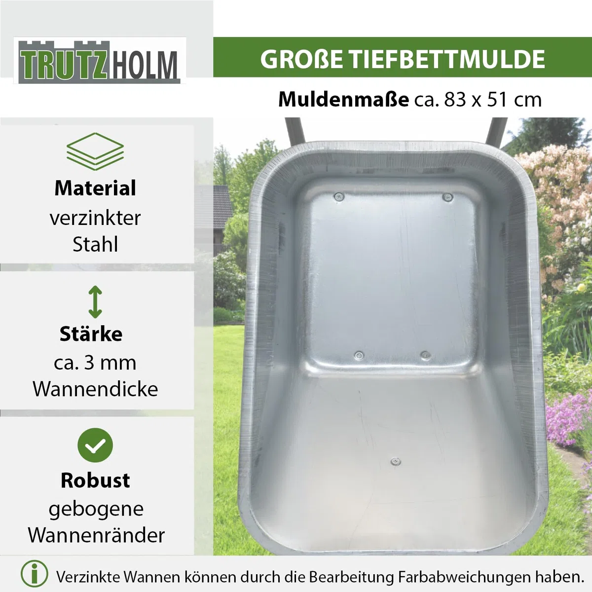 TRUTZHOLM 2-Rad Schubkarre 150L 150kg | stabile Gartenkarre Baukarre kippsicher | verzinkte Wanne | pannensichere PU-Räder | pulverbeschichteter Stahlrahmen | Sicherheitsgriffe | Zweirad