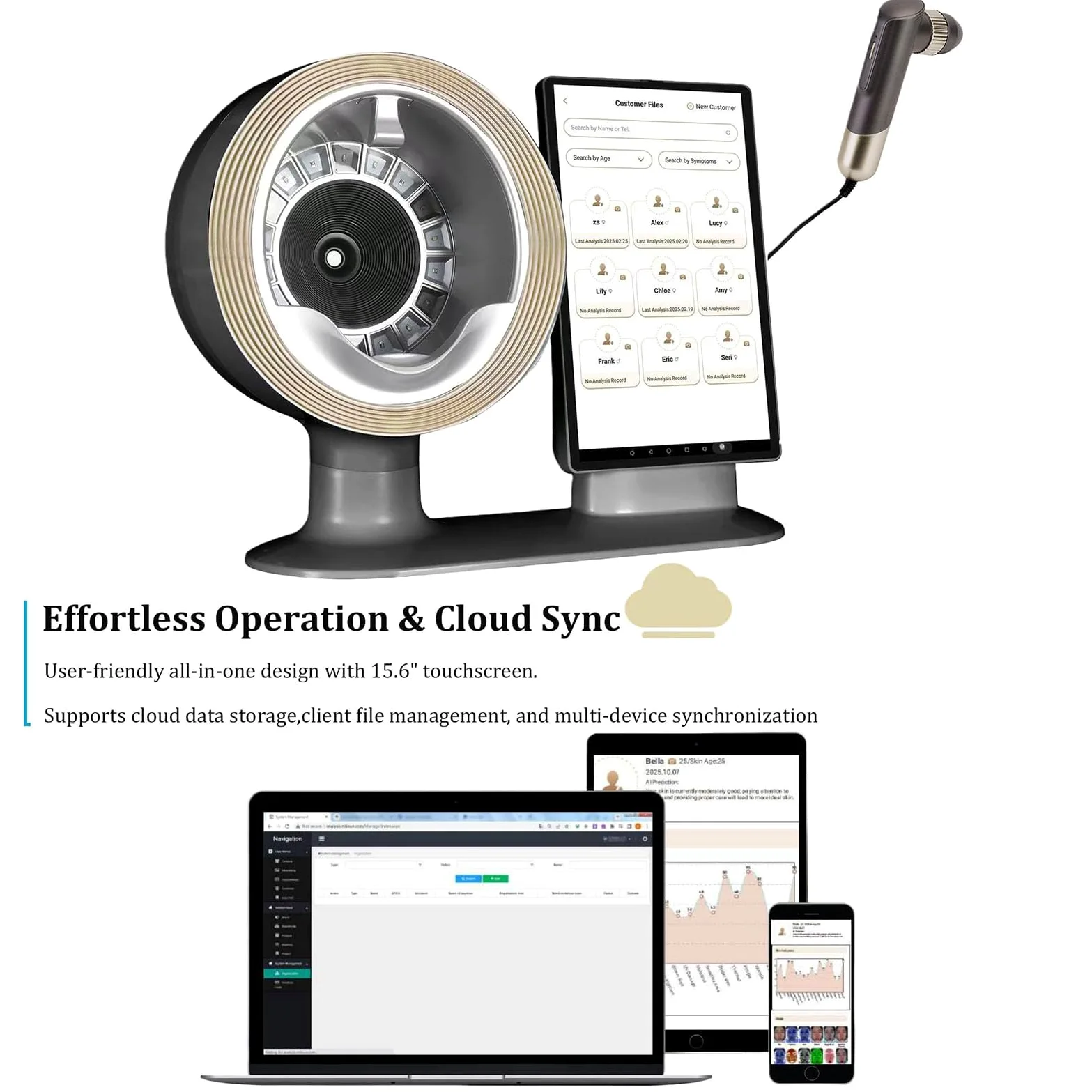 Gesichtsanalyse-Instrument | AI Smart Gesichtshaut Analysegerät | 10 Spektrumanalyse | 20 Megapixel | inklusive Gegenlichtblende | 18 Testartikel | Hautsymptomvorhersage