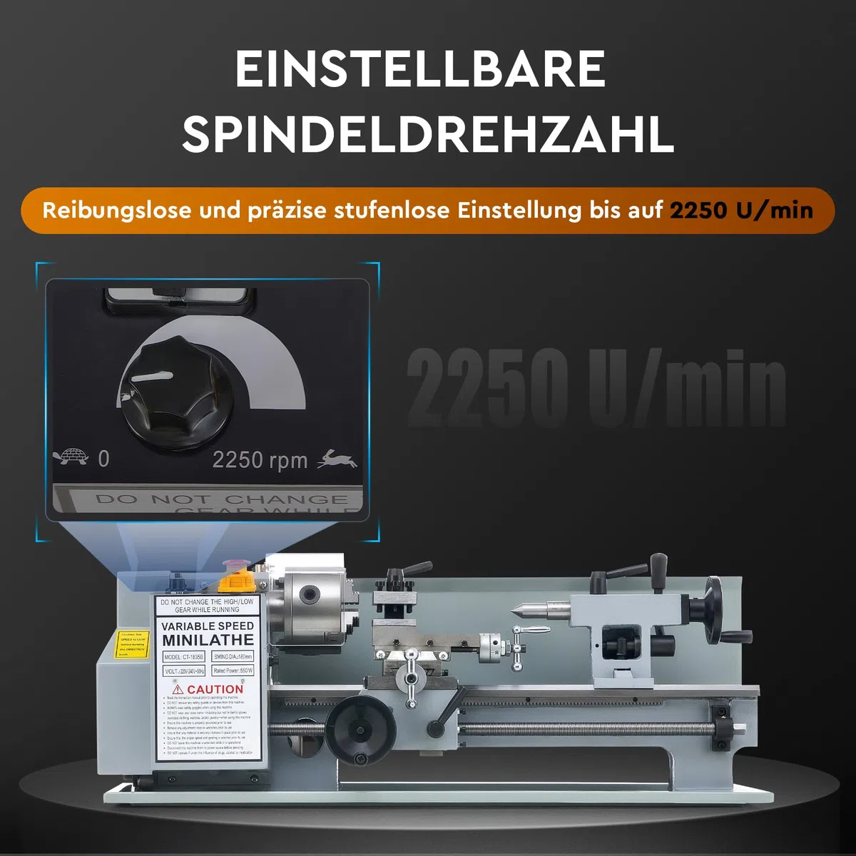 CREWORKS Metalldrehmaschine 18x35cm Tisch-Metalldrehmaschine 3-Backenfutter, 2250 U/min 550 W Metallbearbeitungsmaschine mit stufenloser Einstellung, Metalldrehmaschine zum Gewindedrehen