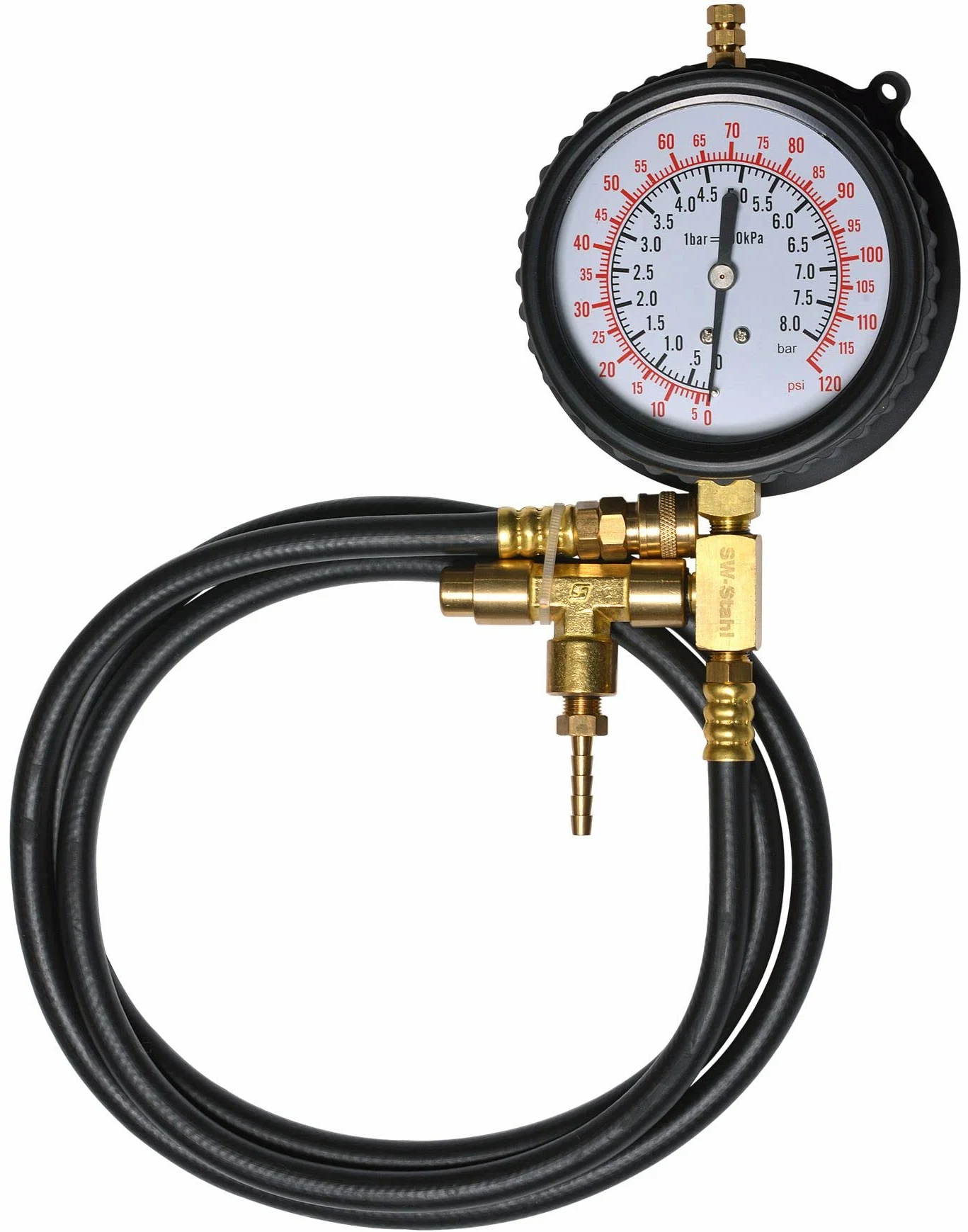 SW-Stahl 26073L-M Manometer mit Schlauch, 0-8 bar Druckmessgerät | Präzisionsmanometer für Druckluft, Kompressor & Industrie - Mechanisches Druckprüfer Set - Robustes Bar Messgerät