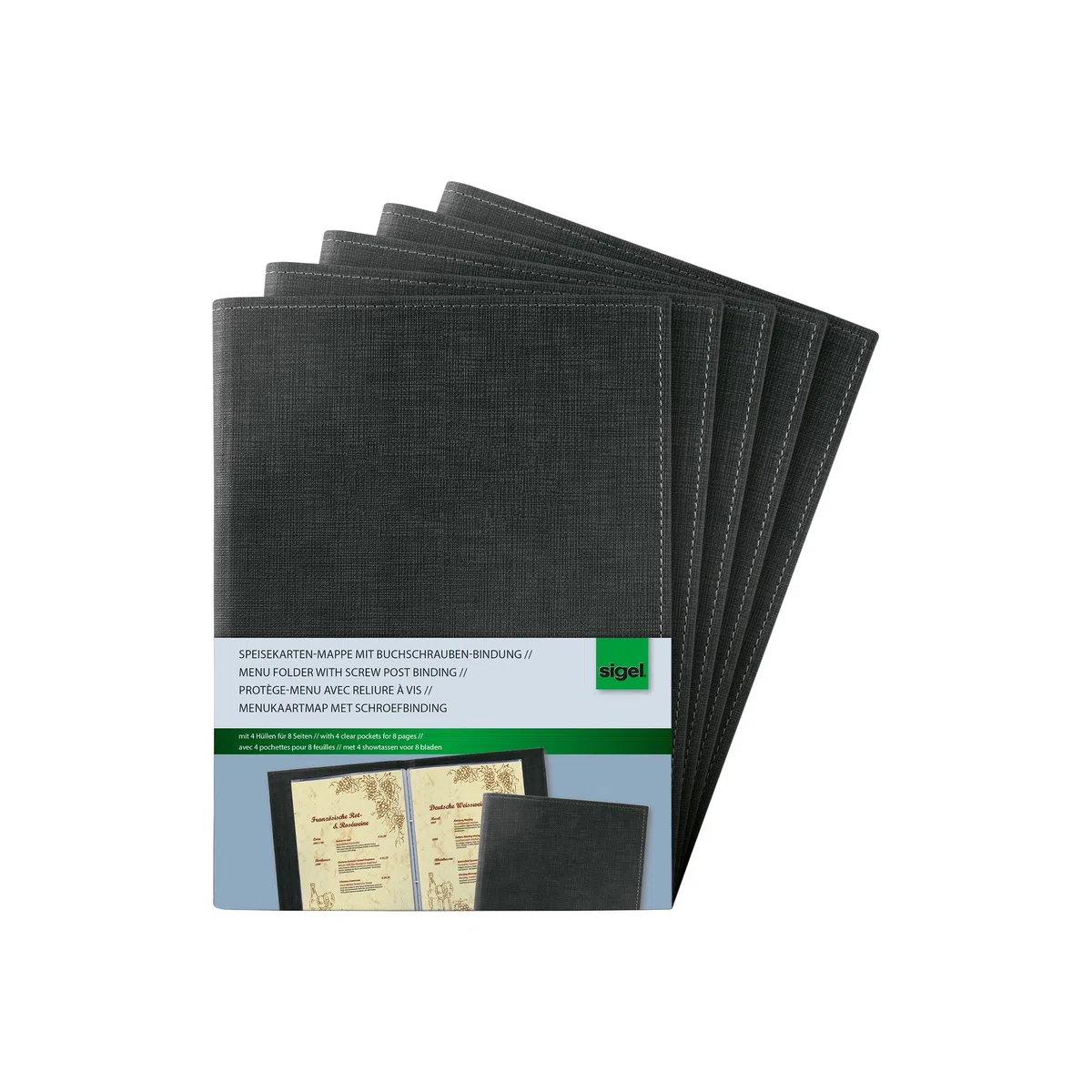 SIGEL SM135/5 Speisekarten-Mappen / Dokumentenmappen mit Buchschrauben-Bindung für A5, 5-er Pack, schwarz mit edler Leinenstruktur, strapazierfähig und leicht abwischbar