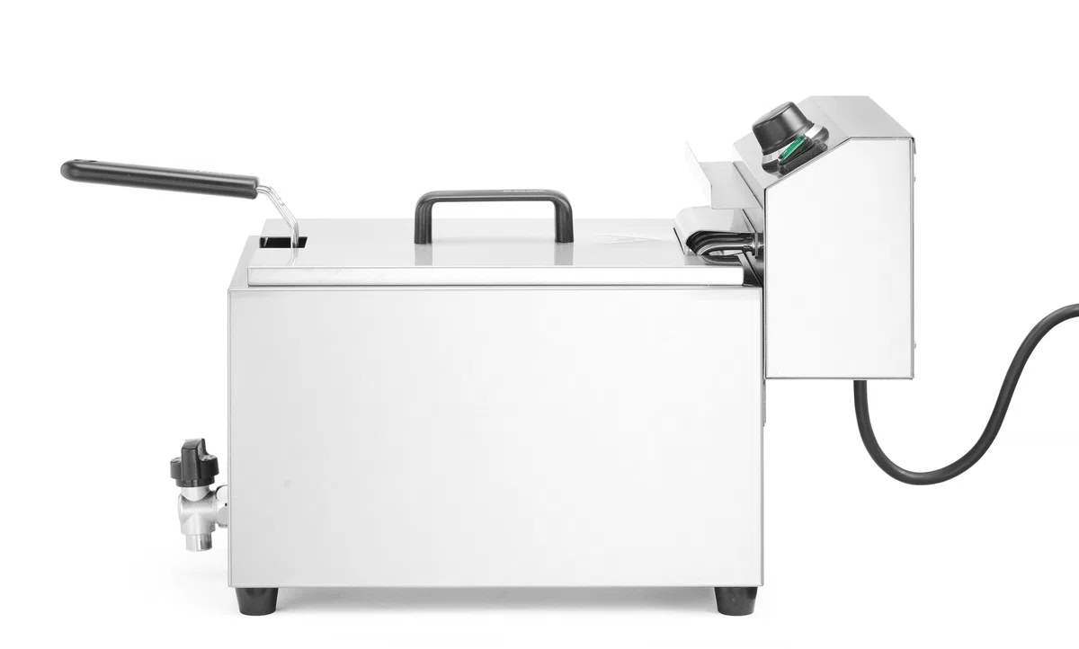 HENDI Fritteuse XL, GOLIATH, mit Ablasshahn, mit Frittierkorb und Deckel, Temperaturbereich: 50° bis 190°C, Kaltzone, extra Leistung, Frittierbehälter, 10L, 400V/10,2kW, 300x585x(H)392mm, Edelstahl