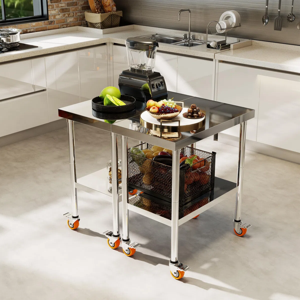 AufuN Edelstahl Arbeitstisch 61x46x85 cm mit Rollen & 2 Ebenen – Mobiler Arbeitstisch für Küche, Gewerbe, Restaurant & Hotel – Lebensmittelzubereitungstisch aus Edelstahl mit feststellbaren Rollen