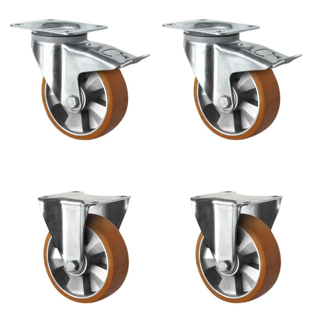 SETTHFH125BAU5D0N Rollensatz 2 Lenkrollen mit Feststeller, 2 Bockrollen, Aluminiumfelge, Polyurethan, Durchmesser 125 mm, Schwerlastrollen, Doppelkugellager, Traglast 1200 kg (4-er Pack)